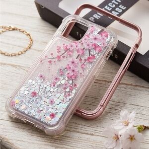 Caka iPhone 13 Rugged Case Liquid Glitter Cherry Blossom Floral Pink Protective